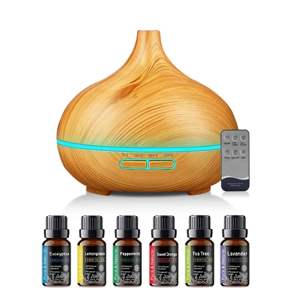 Diffusore di Oli Essenziali per Aromaterapia da 550ml, Effetto Legno, Telecomando, Umidificatore ad Ultrasuoni, Luce LED a 7 Colori con 6 Oli