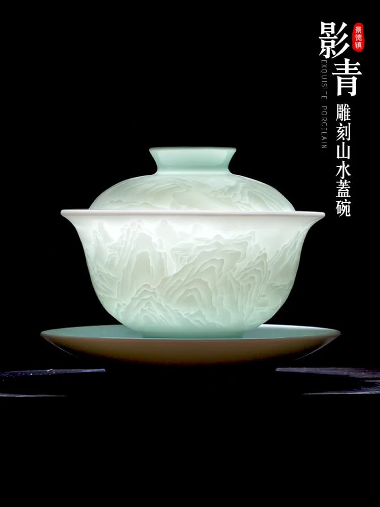 Carved shadow celadon three talents cover bowl, the teacup is not hot, and the household large handmade ceramic tea bowl is sing
