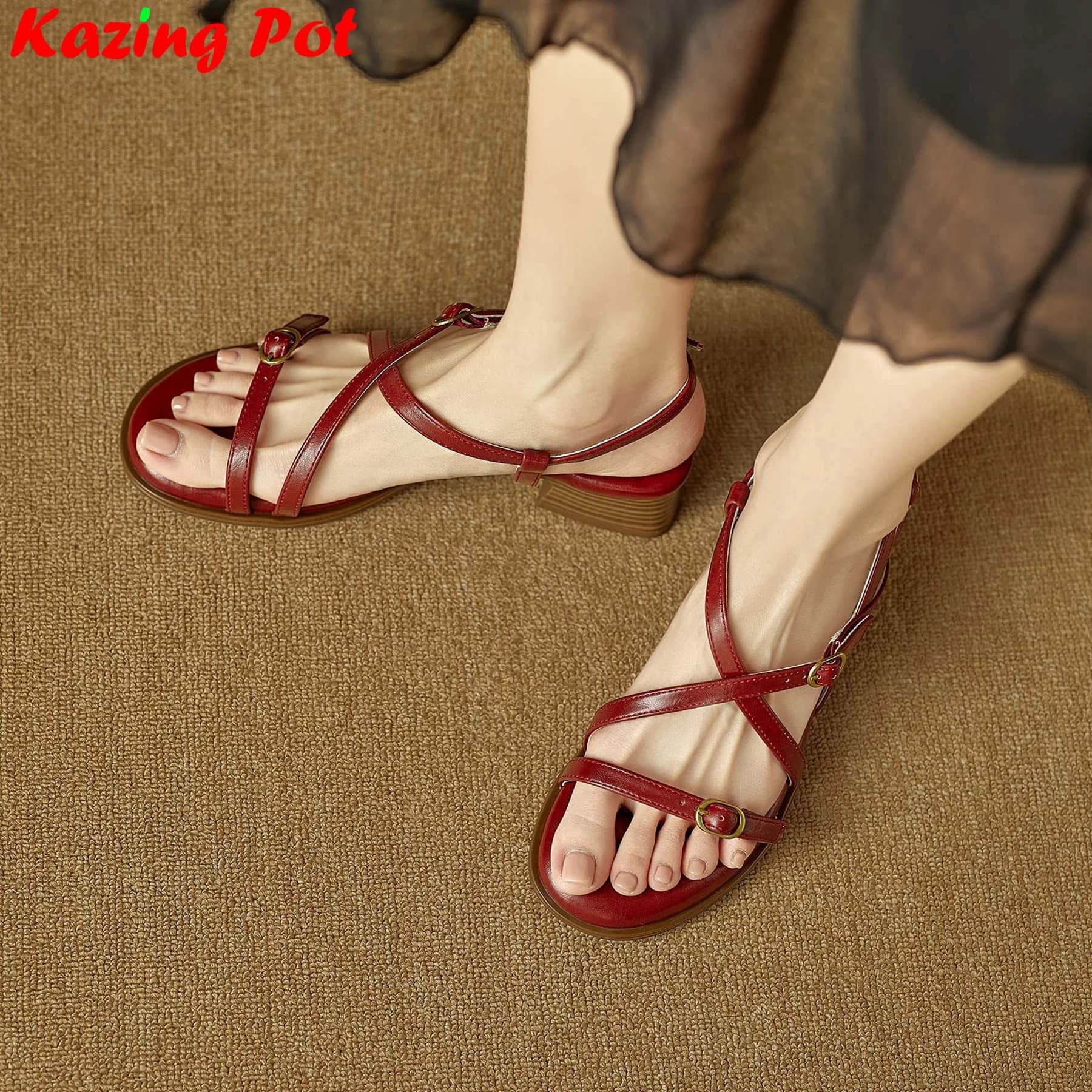 Plus Size Cow Skin Med Heels Peep Toe Summer Shoes Office Lady Dating Slingback Dress Gladiator Party Brand Modern Women Sandals