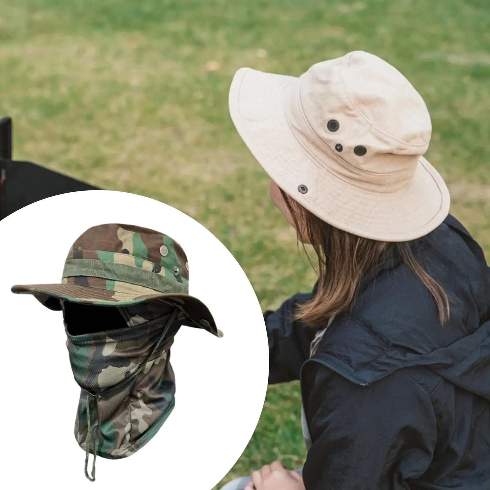 Cappello a secchiello in poliestere traspirante con maschera parasole per escursioni nella natura, campeggio, uomo, estate