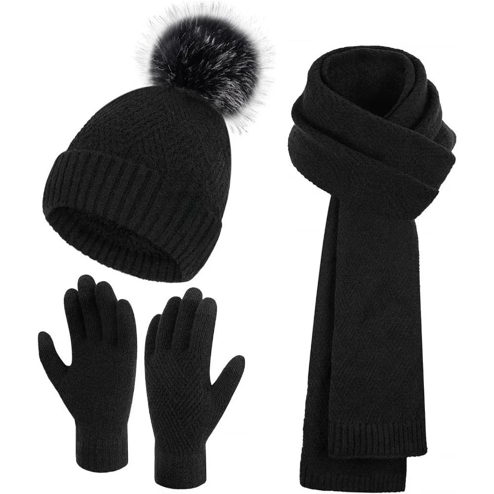 Berretto invernale da donna in maglia calda, sciarpa lunga, guanti touchscreen, set con berretto con teschio con pompon foderato in pile, regali per le donne