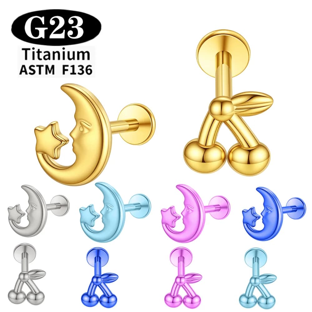 Implant Grade ASTM F136 Titanium Anodizing Labret Ear Lip Stud Nose earrings Internally Threaded 16G Piercing jewelry