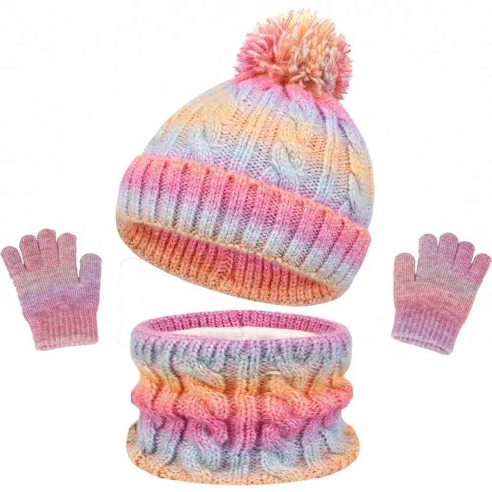 Soft Gradient Color Baby Hat Scarf Gloves Set Cute Pompom Thickened Toddler Knitted Hat with Velvet Keep Warm Kids Hat Set Daily