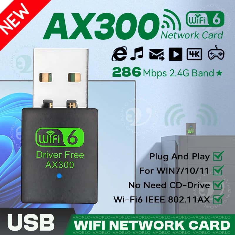Scheda di rete wireless USB WiFi6 2.4G ad alta velocità AX300 Drive Mini ricevitore adattatore WI-FI gratuito Dongle WLAN 286Mbps per Win 7/10/11