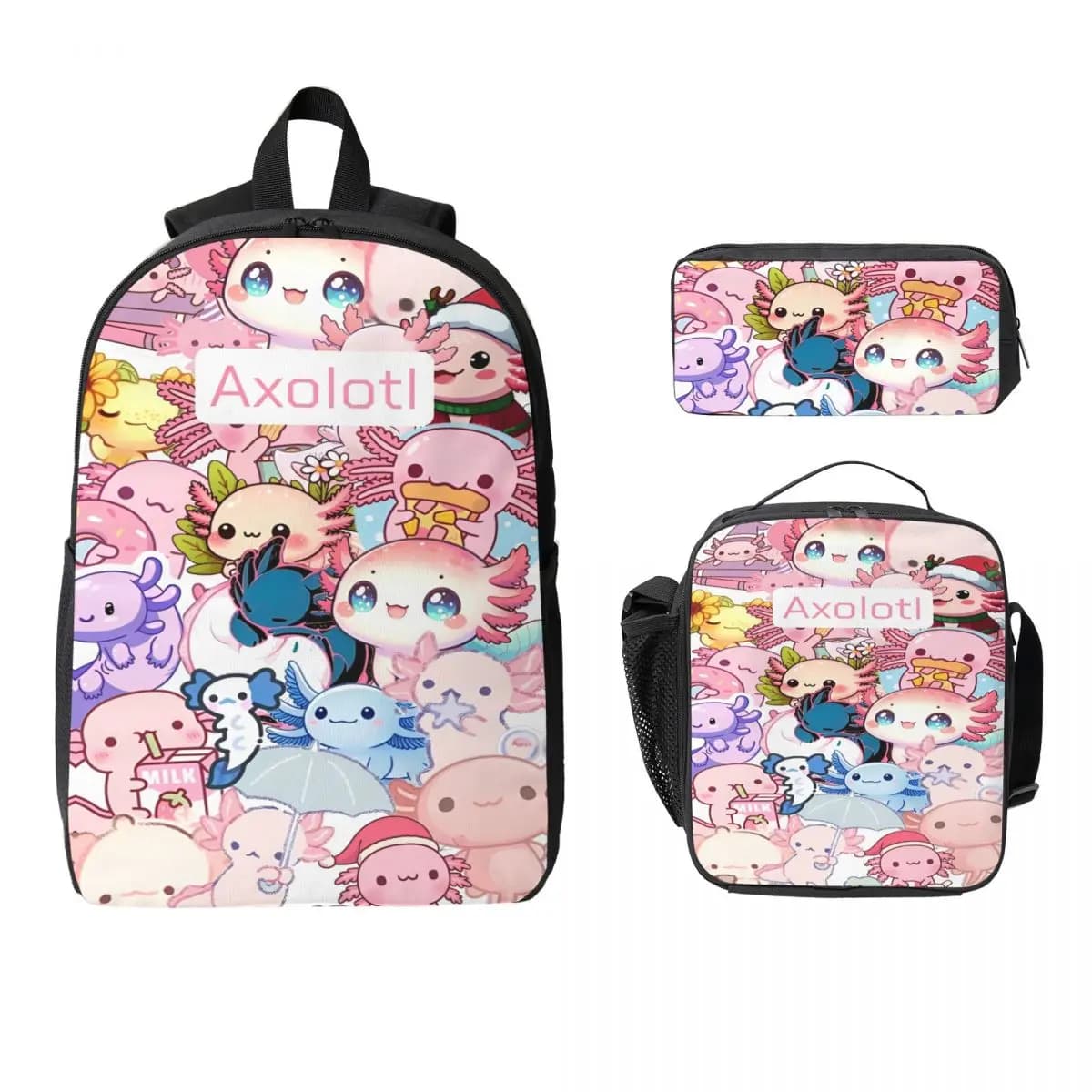 Set di zaini per accessori Axolotl da 3 pezzi per bambini, astucci per matite, set di zaini con scatola per il pranzo, per studenti delle scuole