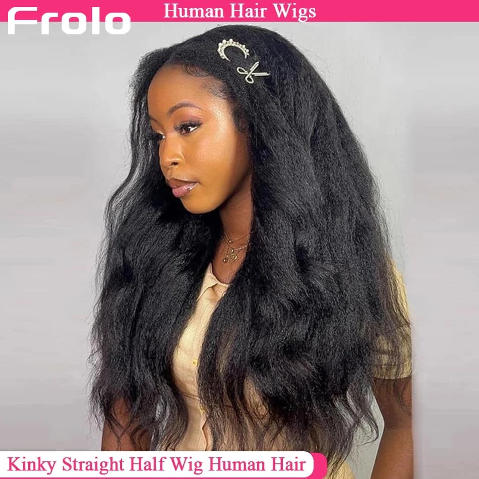 Parrucca Mezza Testa 3 IN 1 Kinky Straight in Capelli Umani, Senza Colla, Pronta da Indossare, con Clip e Cordoncino, per Donna