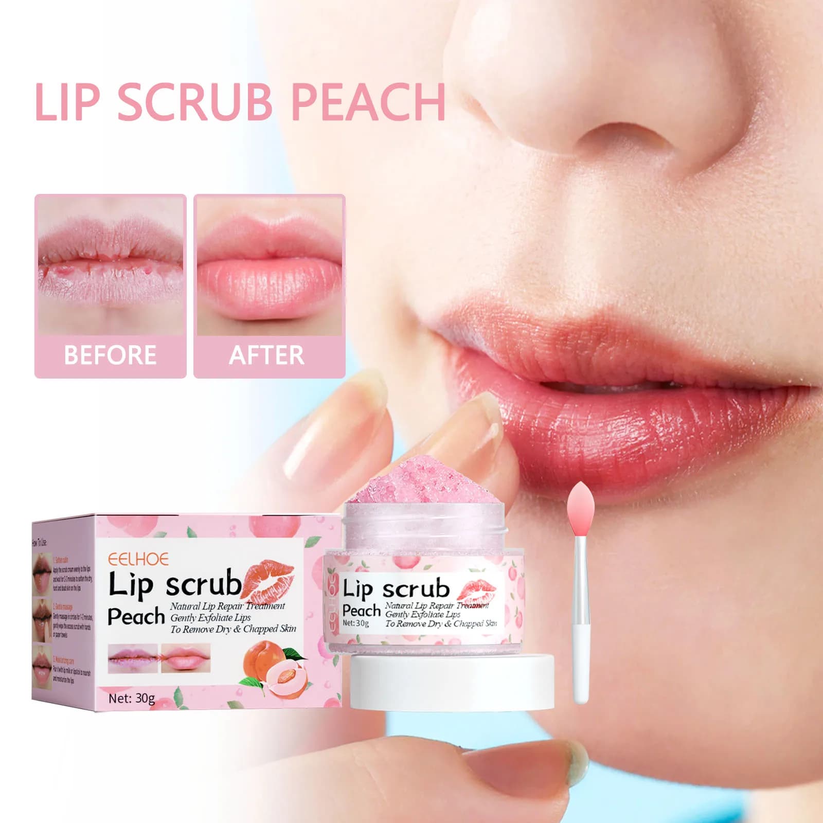 Scrub labbra alla pesca Labbra idratanti e idratanti Prevenire l'asciugatura e screpolature Diminuiscono e migliorare la pelle scura attorno ai labbra 30g