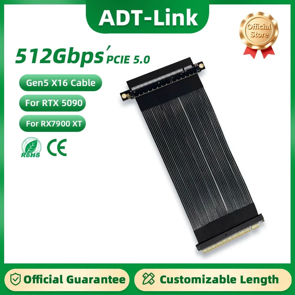 PCIe 5.0 x16 to x16 Extension Cable ATX Chassis PCI-E 5.0 x16 Riser Full Speed 512Gbps Gen5 Lossless Graphics Video Card