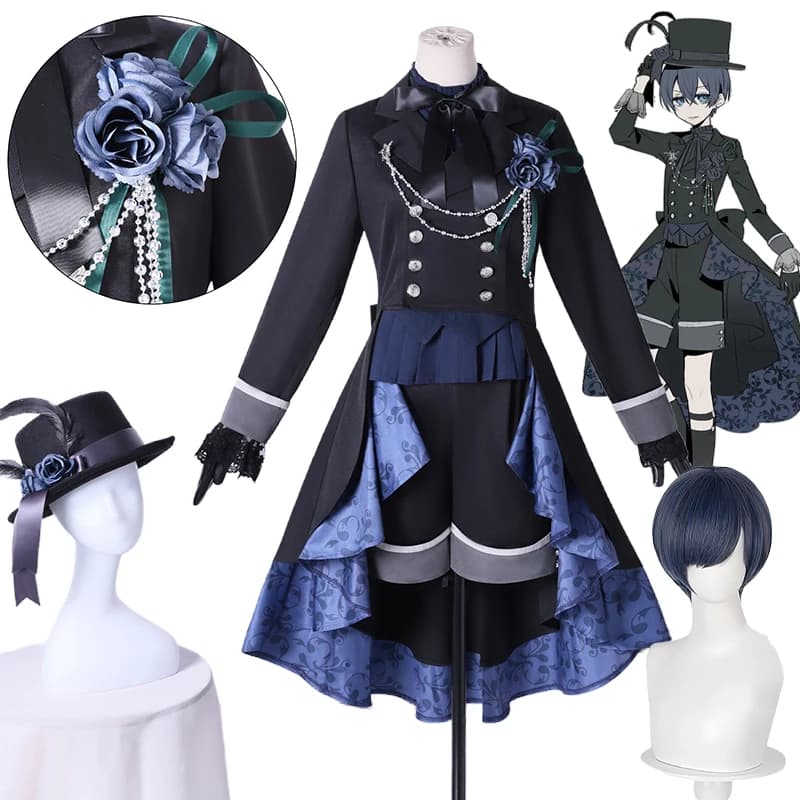 Anime Ciel Phantomhive Costume Cosplay Black Butler Cosplay Ciel Parrucca Black Rose Cappello uniforme Costume di Halloween per uomo Comic Con