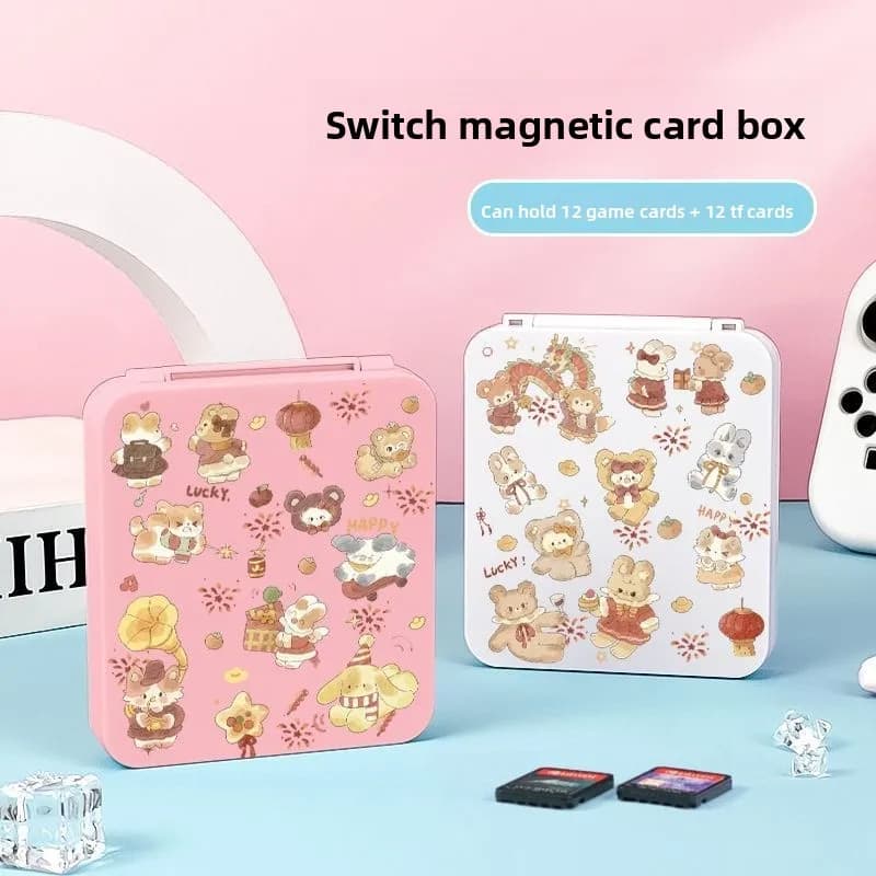Custodia rigida magnetica 12-in-1 con stampa animali cartoni animati per schede di gioco, compatibile con accessori gaming Switch/Lite/OLED