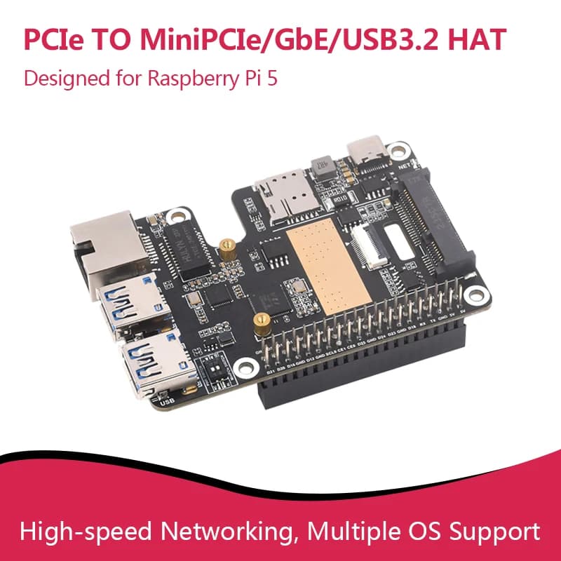 PCIe TO MiniPCIe GbE USB3.2 HAT+, Supports MiniPCIe interface 4G Module, High-speed Networking, Raspberry Pi 5 HAT