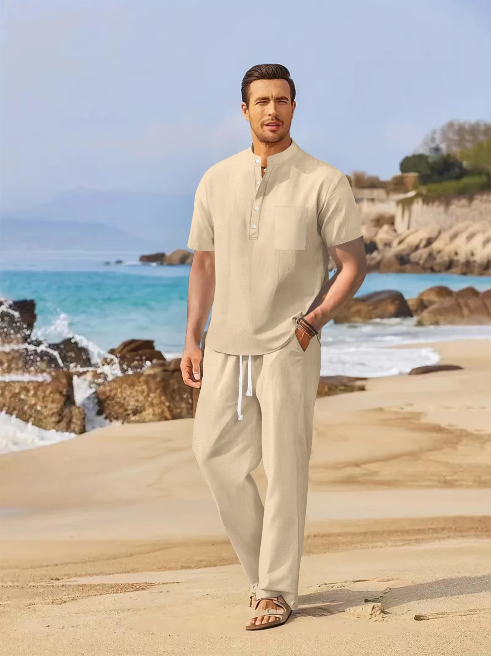 Set estivo da uomo in cotone e lino, camicia casual Henley a maniche corte + pantaloni larghi a gamba dritta, set da due pezzi in tinta unita