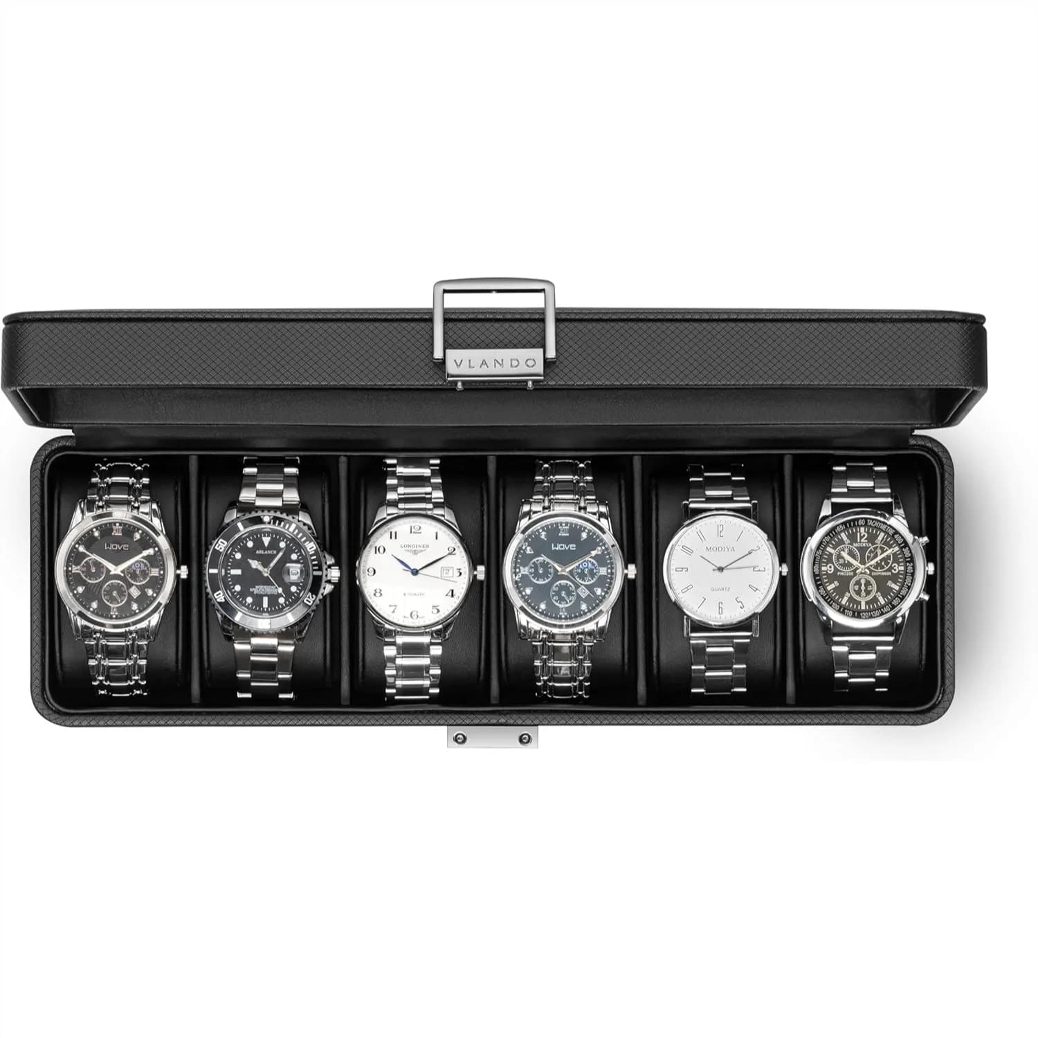 Scatola Porta Orologi a 6 Scomparti con Coperchio in Vetro per Uomo, Custodia per Orologi con Chiusura e Cuscini Morbidi, Nera