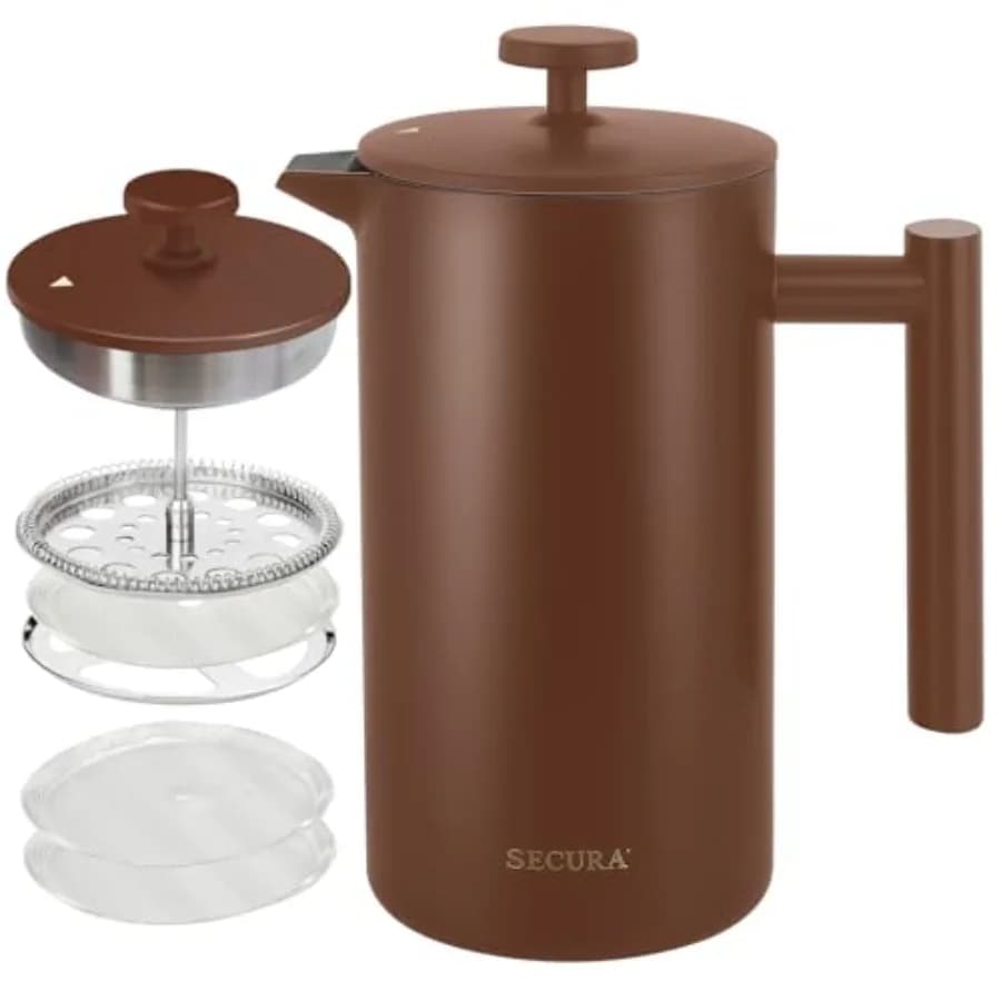 French Press Coffee Maker, 304 Grade Stainless Steel Insulated Coffee Press with 2 Extra Screens, 34oz 1 Litre,Coffee