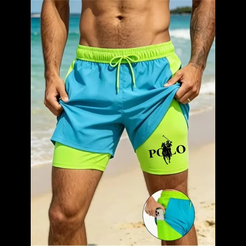 Surfing gym workout men's double-layer sports shorts 2-in-1 men's quick drying compression pad pocket running training