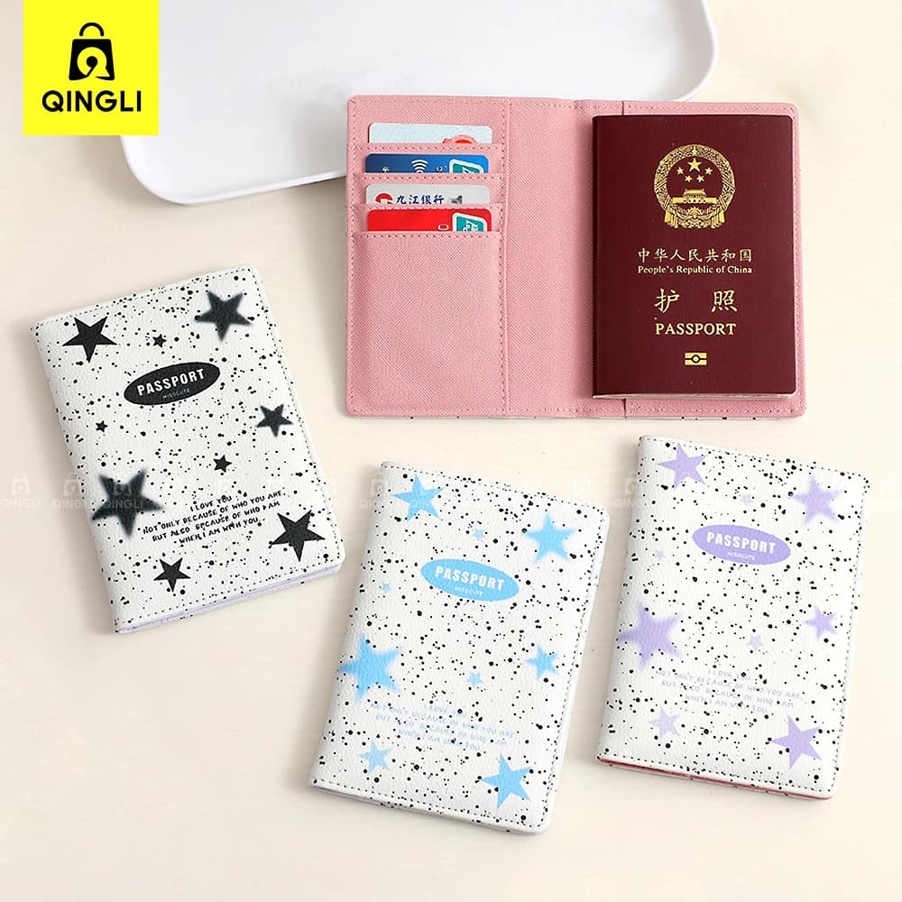 Fashion Stars Pattern Leather Passport Cover for Women Exquisite Travel Passport Holder with Credit Card Slots Passport Wallet