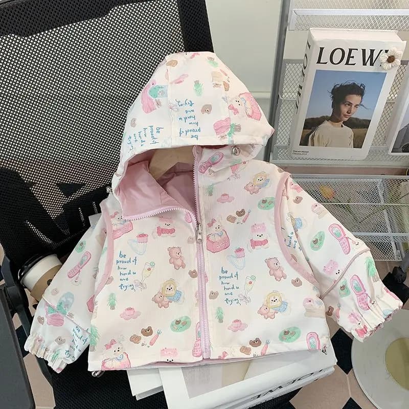 1-9Y Ragazze Orso Rosa Cappotto Antivento 2025 Nuovi Bambini Entrambi I Lati Primavera Autunno Bambino Cerniera Felpa Con Cappuccio Top Kid Giacca A Vento