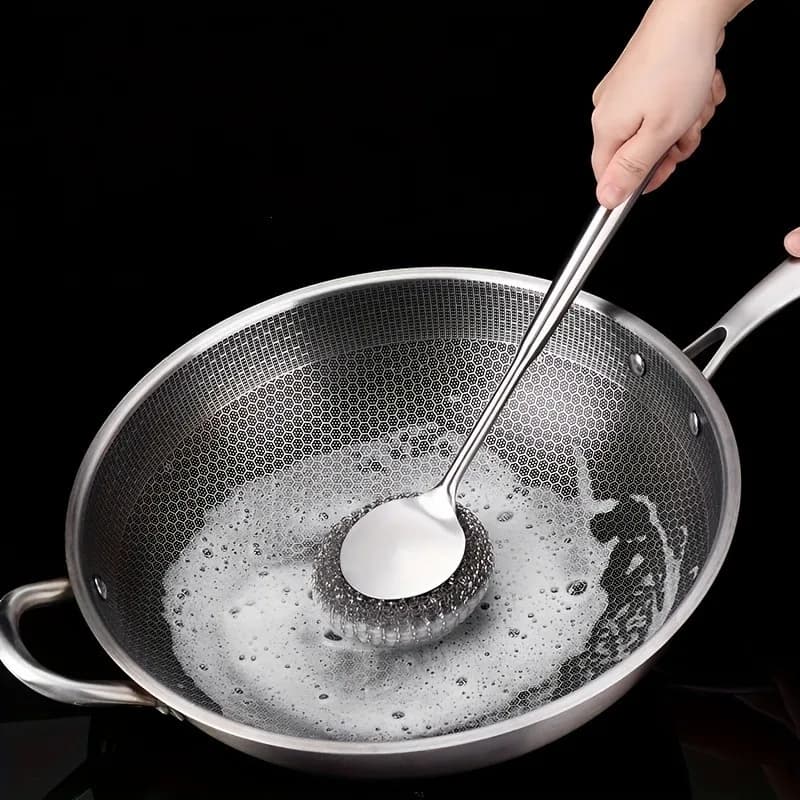 1 spazzola per pentole in acciaio inossidabile/spugna in filo metallico, spazzola multifunzionale per la pulizia della cucina con manico lungo, spazzola per lavare i piatti, resistente