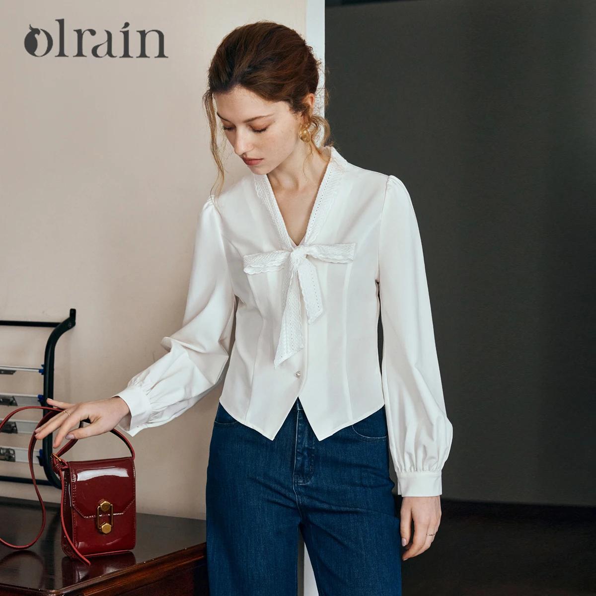 OLrain Women French White V Neck Blouse 2026 Fall Sweet Lazy Fit Lace Ribbon Detail Short Sleeve Shirt Ladies Tops O57QC000210