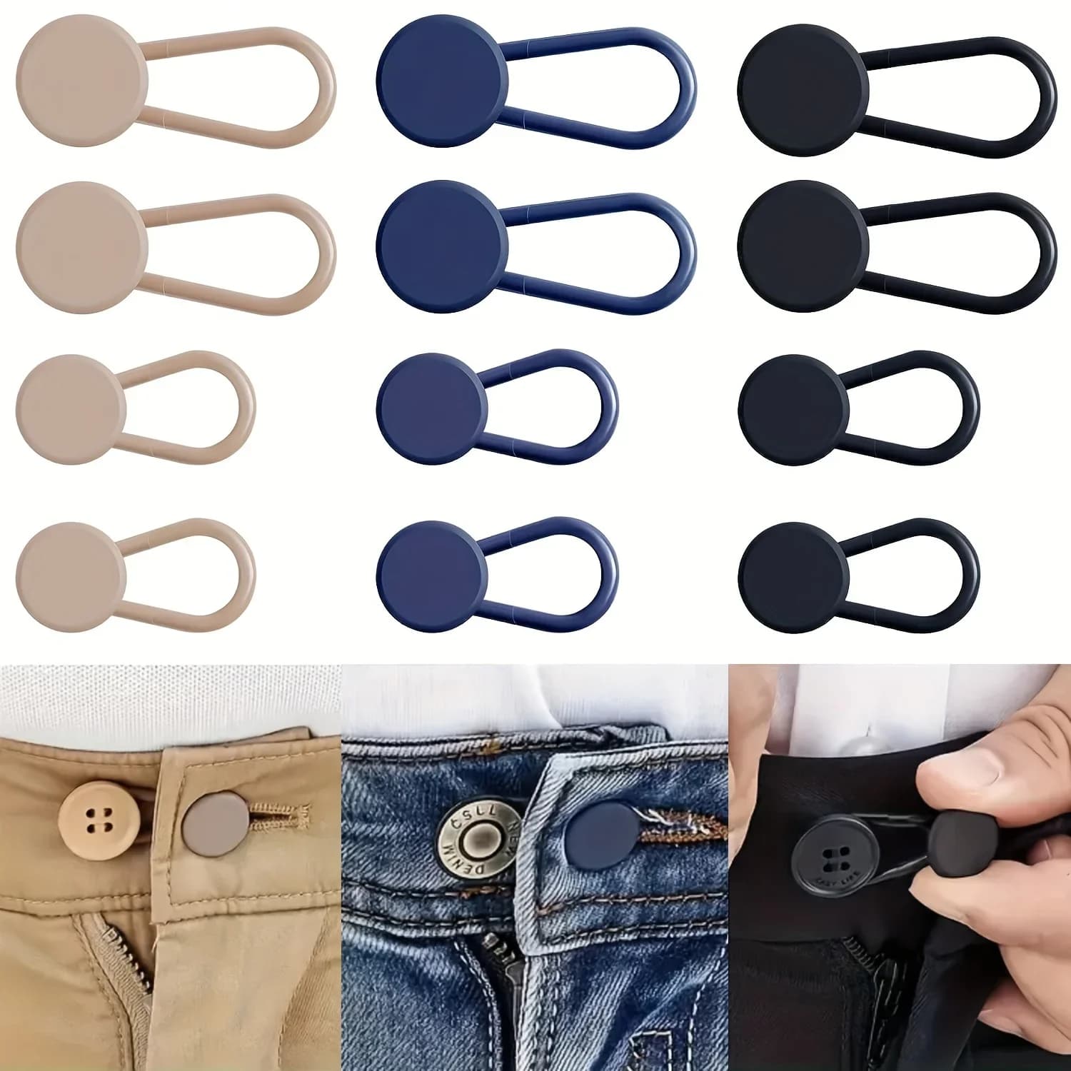 Waist extenders Jean without seam, 4/12 packaging, easy to adjust: button expanders for adjustable pants, adds 1-1.4 inch unisex in kaki/blue/black