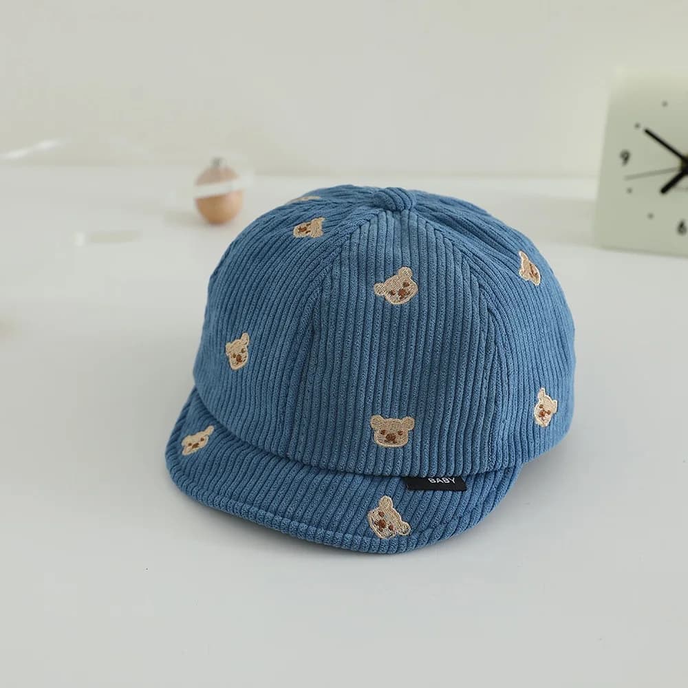 Cappello in cotone a coste con stampa orsetto, simpatico cappellino da baseball per neonati, tinta unita, con visiera a becco d'anatra, per bambini e bambine, neonati e bambini piccoli