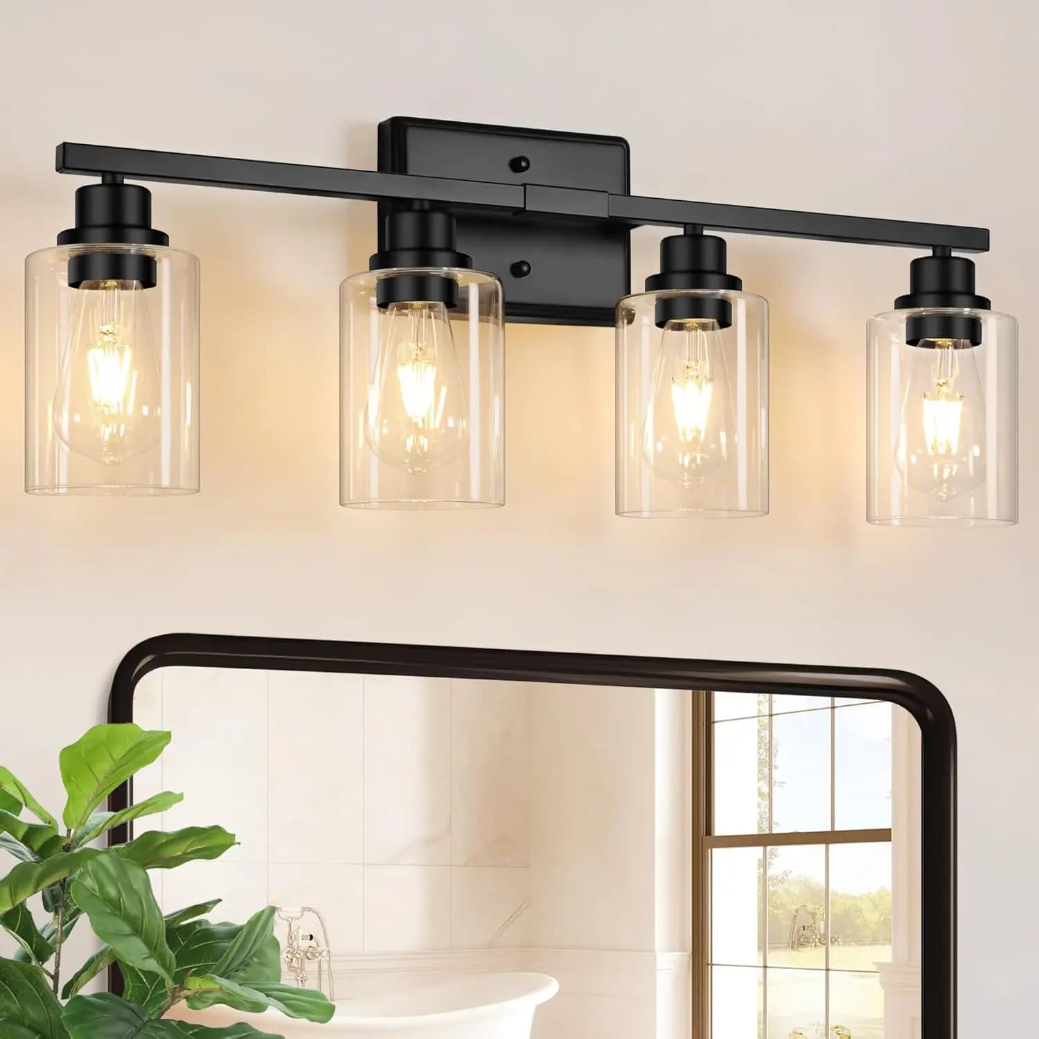 Lampada da parete per bagno a 4 luci nera, lampada da parete in vetro trasparente per specchio, 26,77 pollici