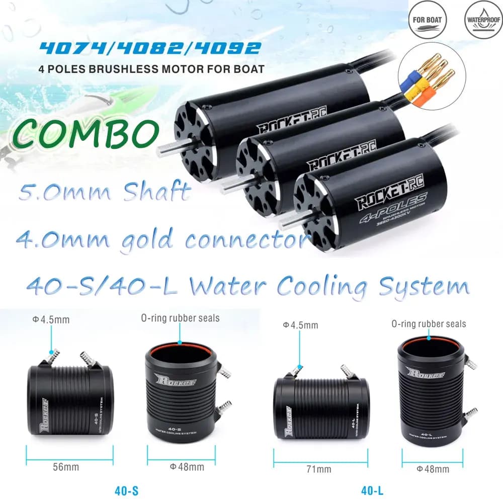 ROCKET-RC 4074 4082 4092 1520KV 1250KV Brushless motor 5.0 mm shaft with 40-S/40-L water cooling jacket for 1000 mm (or above) RC C