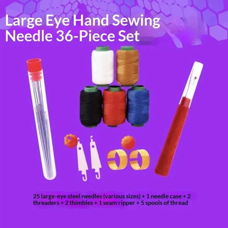 Steel Big Eye Hand Sewing Needle Kit, Includes Thread, Thimble, Threader and Scissors, Embroidery DIY Garment Repair Supplies