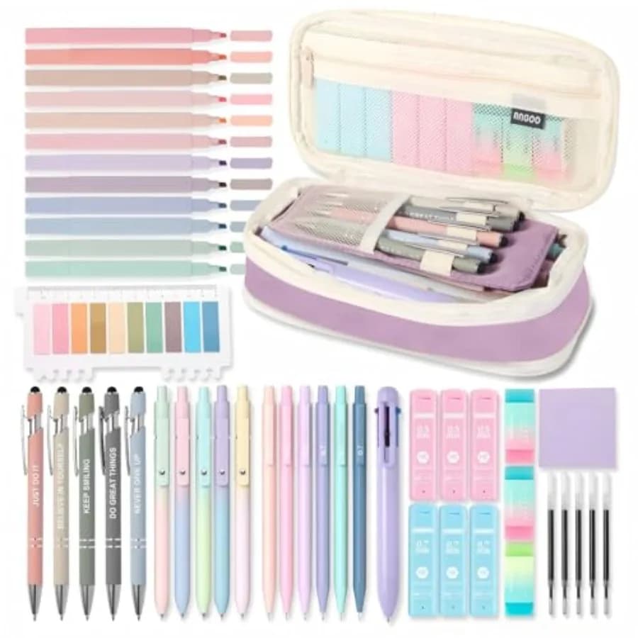 56 PCS, 5 Inspirational Ballpoint Pens, 12 Pastel Highlighters, 5 Black Ink Gel Pens, 6 Mechanical Pencils 0.5-0.7mm purple