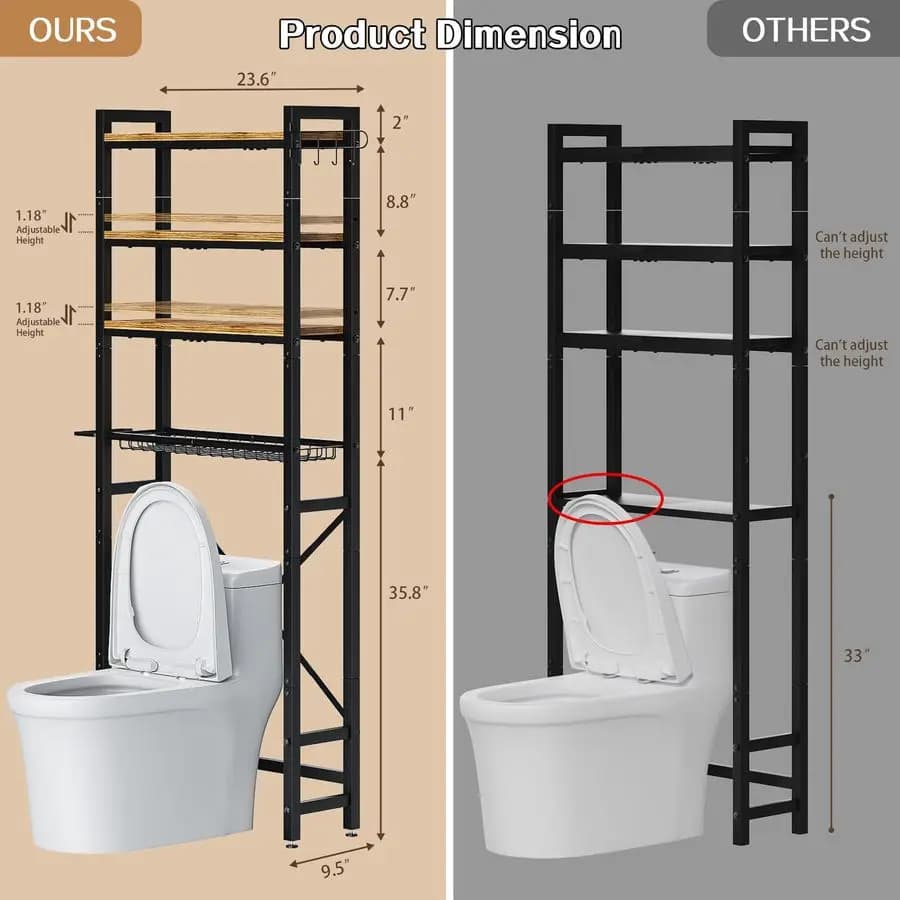 Scaffale portaoggetti da bagno sopra il WC, organizer a 4 livelli con ripiani regolabili, cesto, ganci, porta carta igienica, porta quattro bidoni