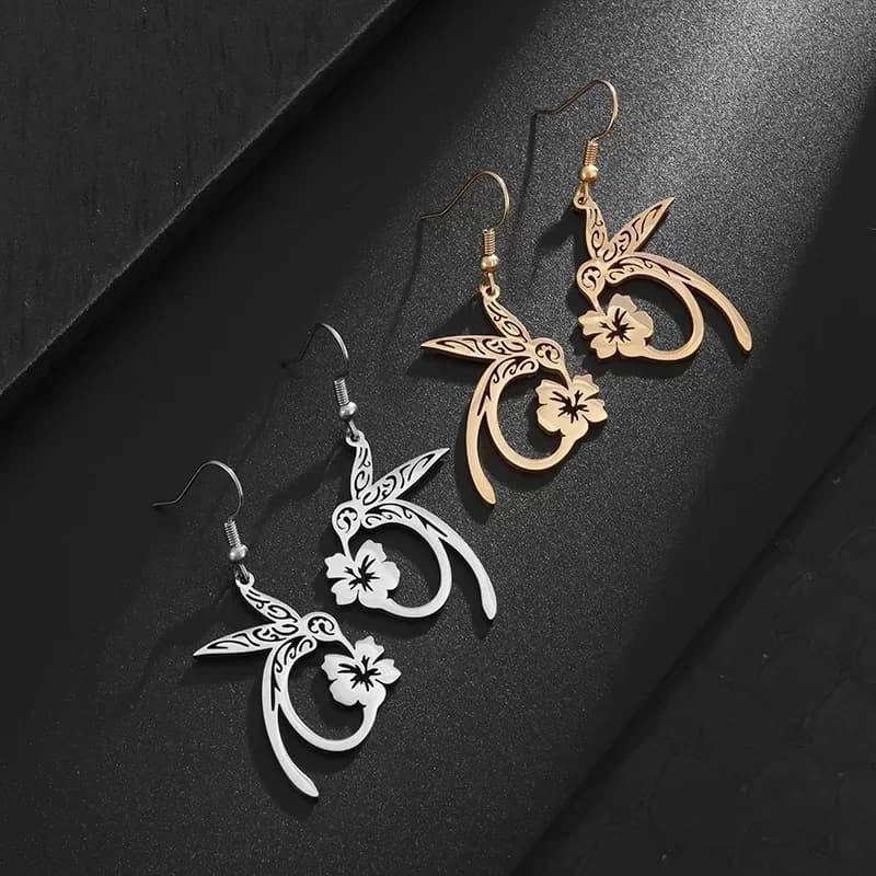 A pair Hollow Hummingbird Hibiscus Flower Earrings Hawaiian Boho Women Hook Drop Accessory