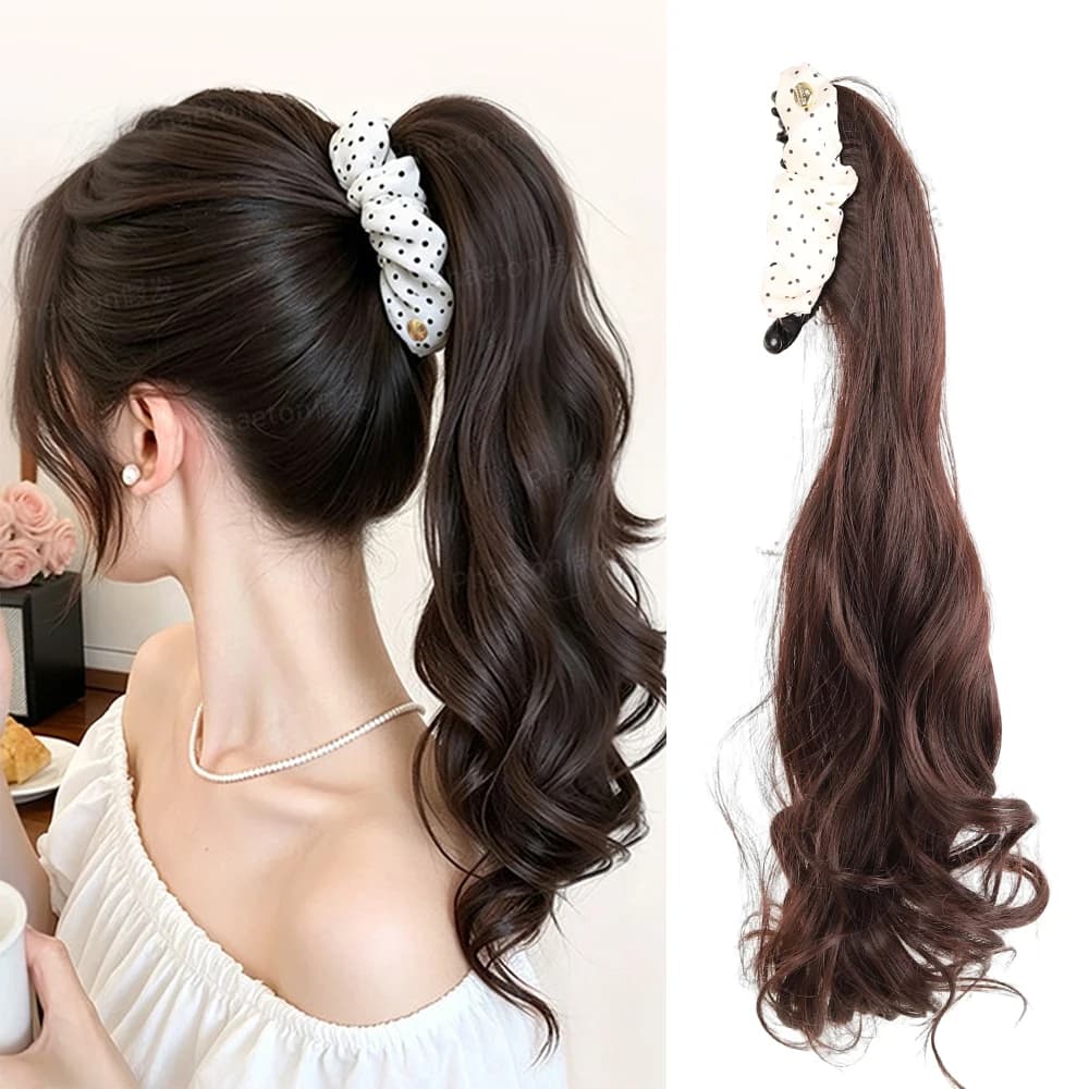 Extension per capelli sintetici bianchi a pois con clip a banana, per coda di cavallo riccia, accessorio per capelli finto per matrimonio, festa o uso quotidiano da donna