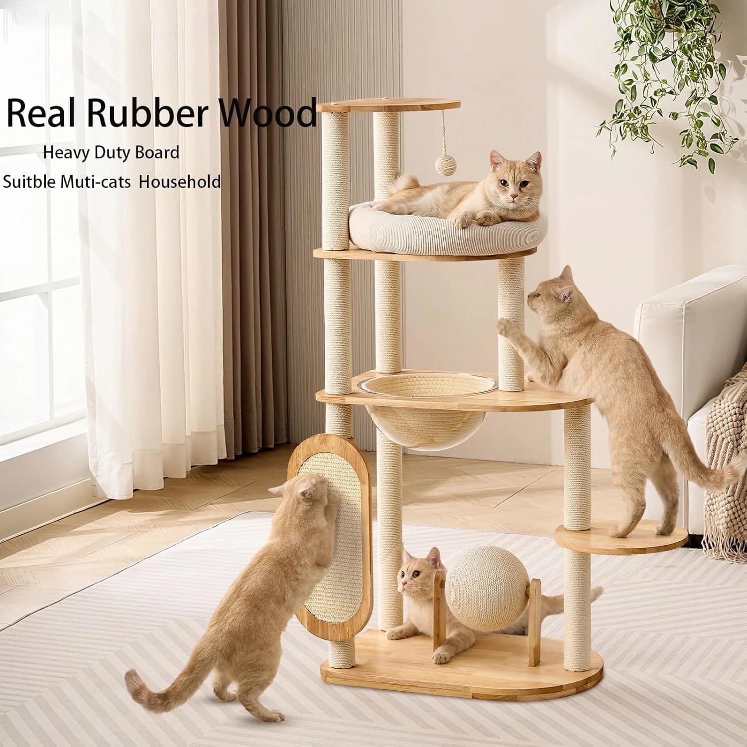 Albero per Gatti Multistrato in Legno Massello con Cuccia, Tiragraffi e Giocattoli Interattivi - Offerta Imperdibile