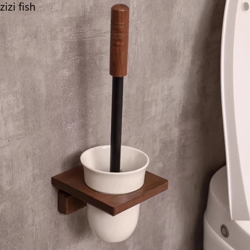 Set di Spazzole per WC in Legno con Base in Ceramica, Portaspazzole da Parete Senza Foratura, Set di Spazzole per Pulizia Bagno