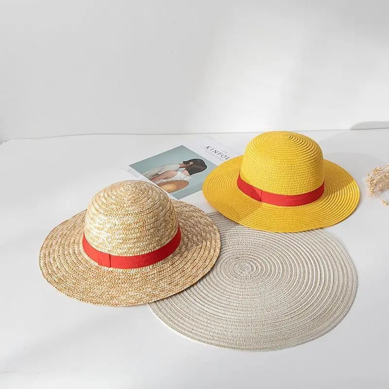 Straw Sun Hat Unisex Wide Brim Beach Hat Red Ribbon Summer Anime Cosplay Costume Accessory Party Holiday Cap Outdoor Decoration