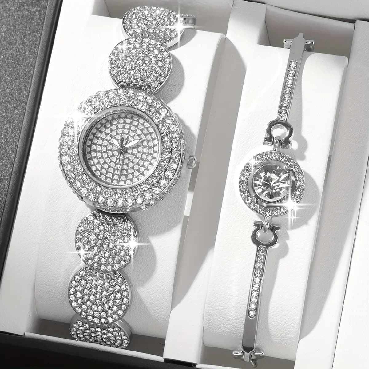 2pcs/set Starry Sky Steel Belt Women's Watch Fashion Full Diamond Surface Water Diamond Quartz Bracelet Watch Women