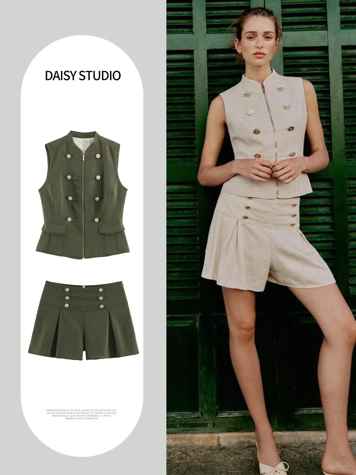 Slim Fit Zipper Sleeveless Stand Collar Vest with Pleated Decor Casual Shorts Two Piece Set High Waist Shorts Summer Fashion