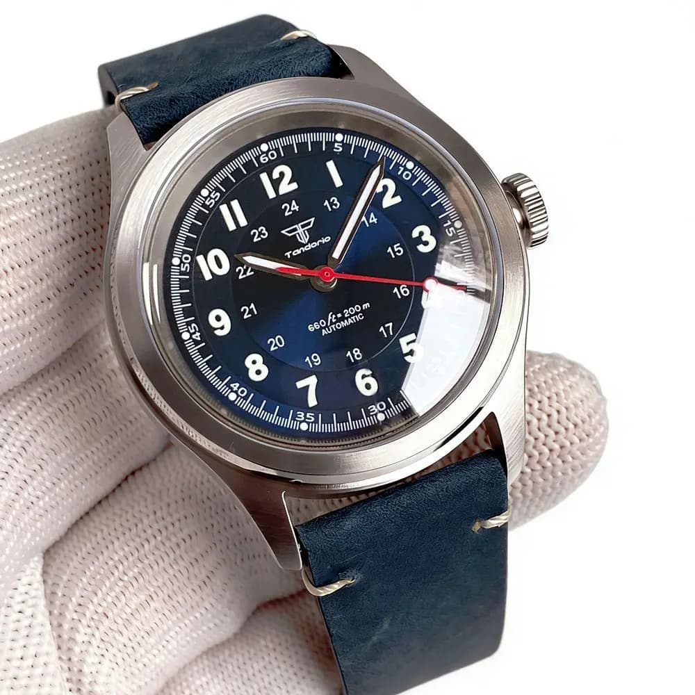 Tandorio Vintage Mechanical Men Watch Automatic Luminous Marks Sapphire Glass Japan NH35 100M Waterproof Retro Leather Band