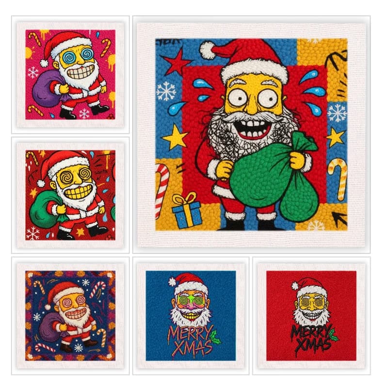 Christmas Funny Dizzy Santa Claus Punch Needle Kit Cartoon Pop Art Pattern with Hoop Embroidery Punch Needle Starter Craft Set
