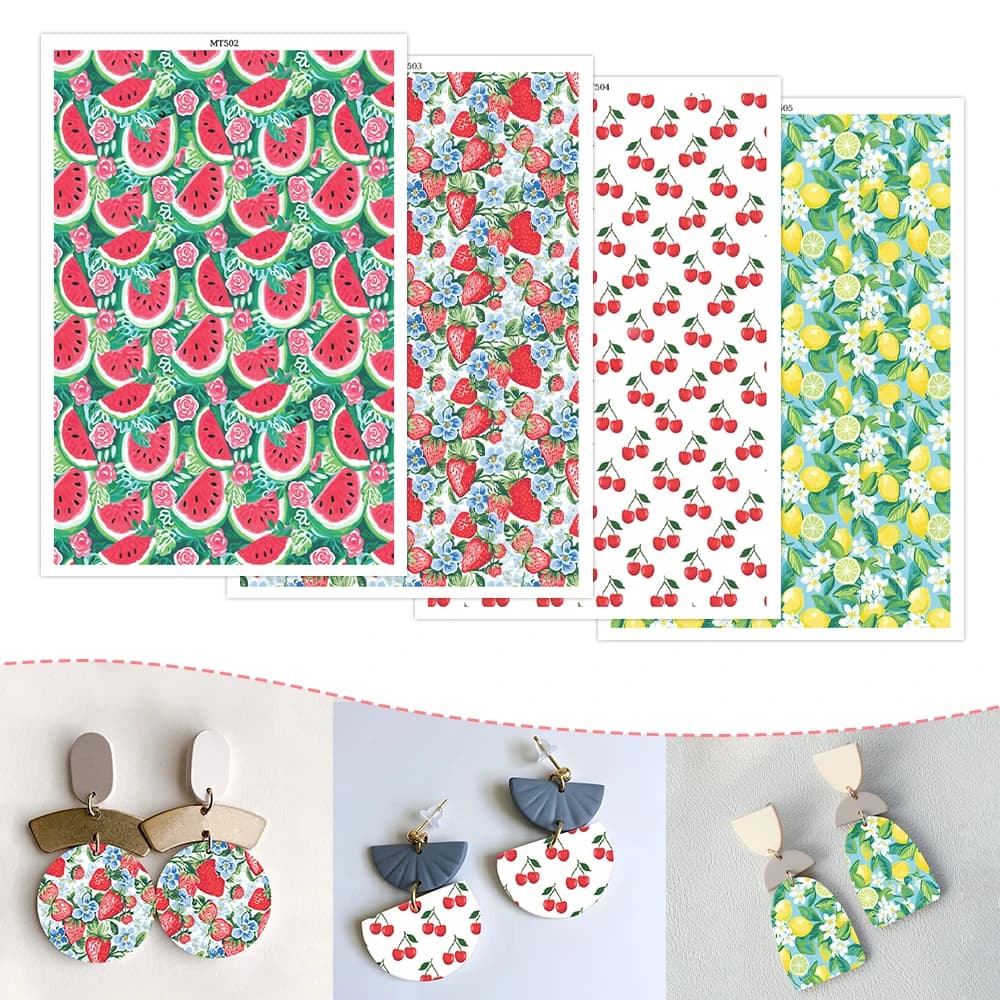 Carta per Trasferimento ad Acqua con Motivi Anguria e Floreali, Fragola e Floreali per Orecchini in Argilla Polimerica, Forniture per Creazione di Gioielli Estivi