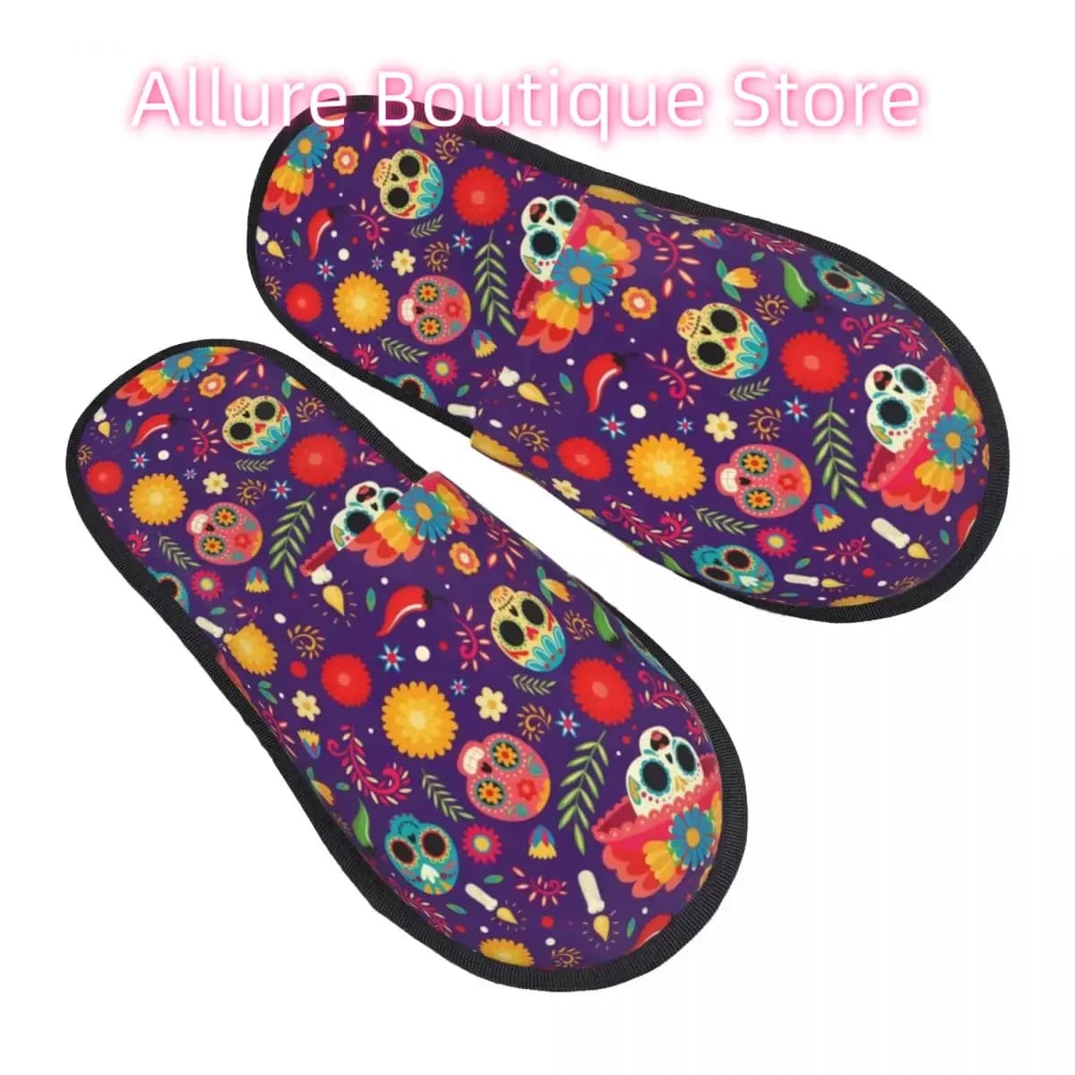 Horror messicano giorno dei morti teschio di zucchero morbido scuff con pantofole in memory foam scarpe da casa per hotel di Halloween da donna