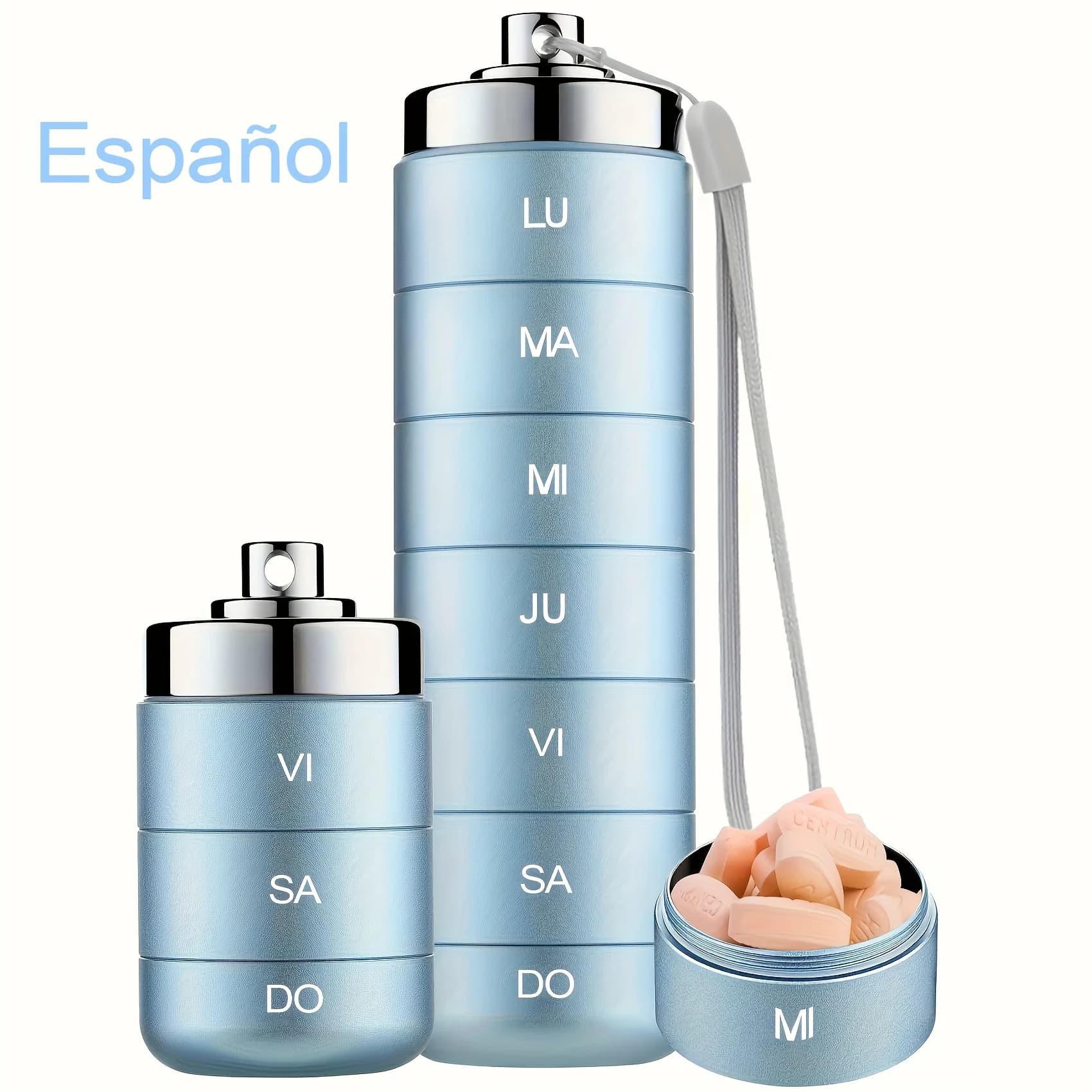 [Spanish] Metal travel pills organizer, portable 7-day stackable vitamin organizer, waterproof pill holder 1 times a day