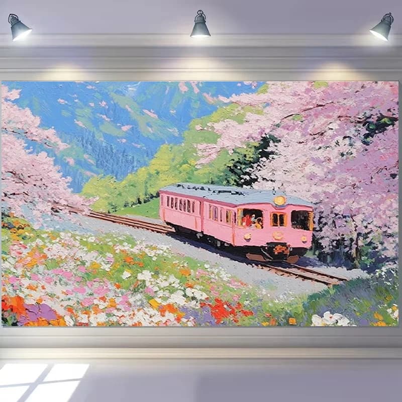 1PC Digital Printed Tapestry Wall Hanging, Pink Train Cherry Blossom Oil Painting, Japanese Spring Scenery Wall Decor