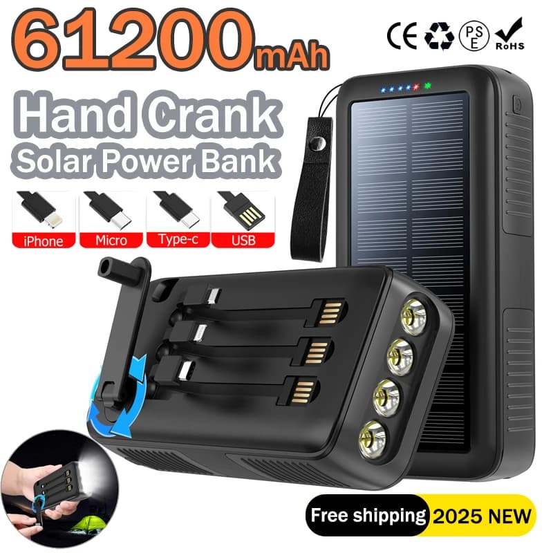 Caricatore portatile ad energia solare con manovella da 61200 mAh con cavo luminoso a LED Powerbank da campeggio esterno impermeabile per iPhone