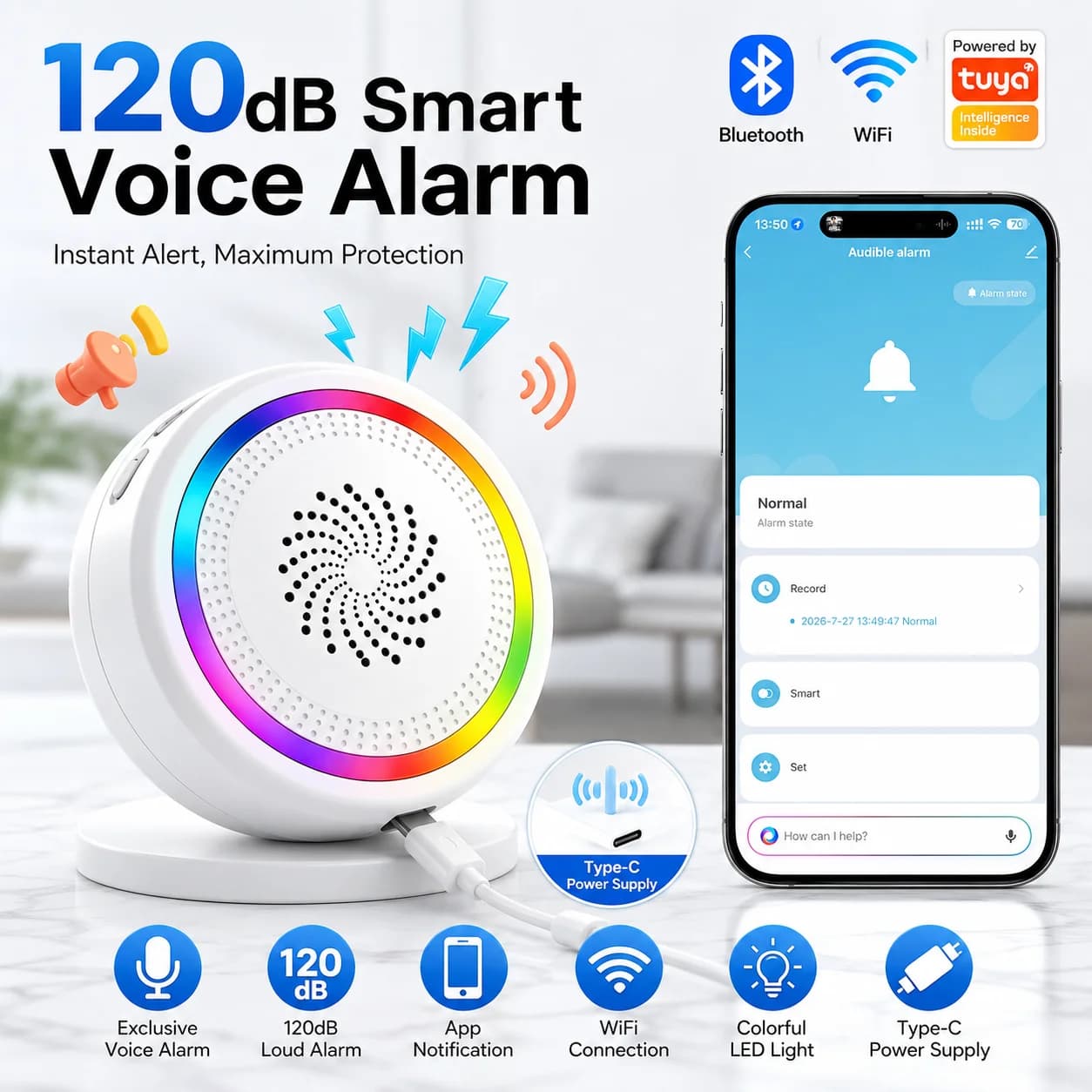 Tuya WiFi Smart Siren Alarm 120dB Voice Broadcast RGB Light Type-C Charging for Vibration CO VOC PIR Sensor