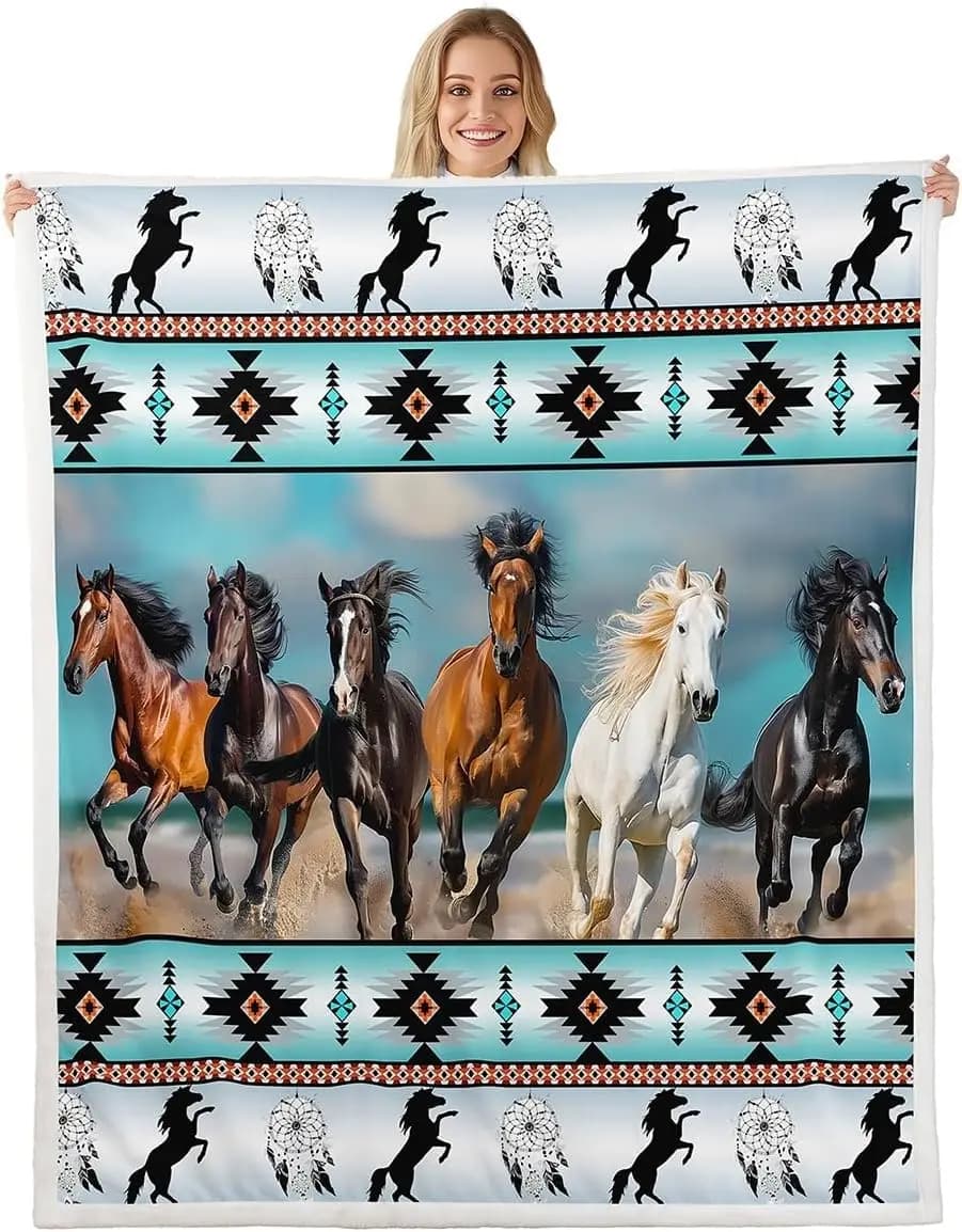 Running horses blanket Native American pattern dreamcatcher design soft throw western decor animal print bedroom wall hanging