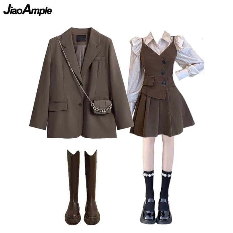 Primavera Autunno Donna Moda Blazer Camicie Mini abito Set da 1 o tre pezzi Coreano Lady Abito ampio Giacca Camicetta Abiti a tracolla