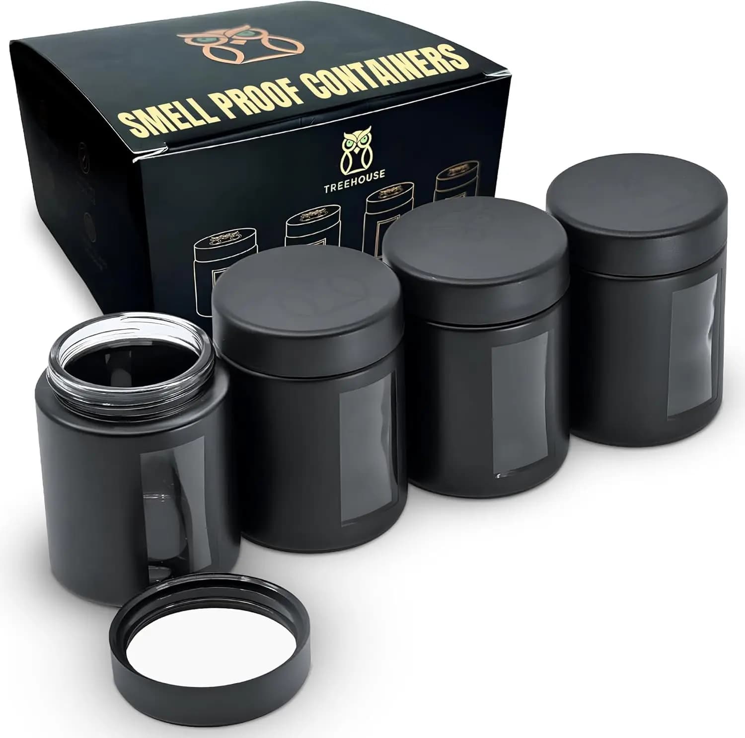 Treehouse Smell Proof Containers (120mL), Jars with Airtight Lids for Herbs, Spices, Coffee and Tea, Air Tight Glass Storage Jars with UV Protection Glass, (Set of 4) (Matte Black)