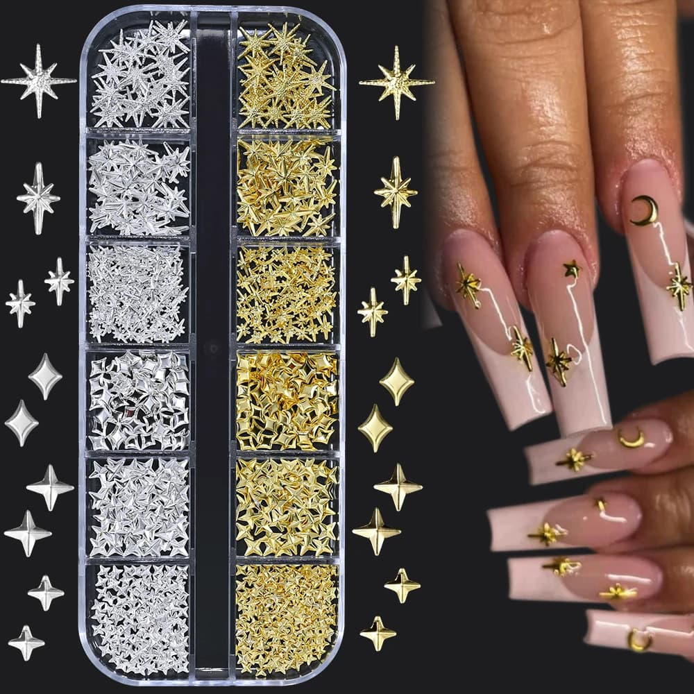Metal Star Shape 3D Nail Decorations, 12 Grills, Gold/Silver, Star Rivets, Y2K Manicure Accessories