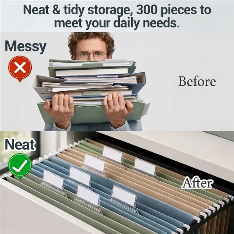 A53M-Clear Hanging File Folders Tabs 3.5 Inch 300 Pcs With Insert Labels, Plastic File Tabbers For Home For Office